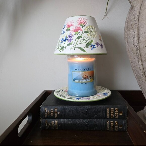 Yankee Candle Large Jar Shade & Plate Queen Anne Flowers Bees Etched Flaws - Picture 3 of 15